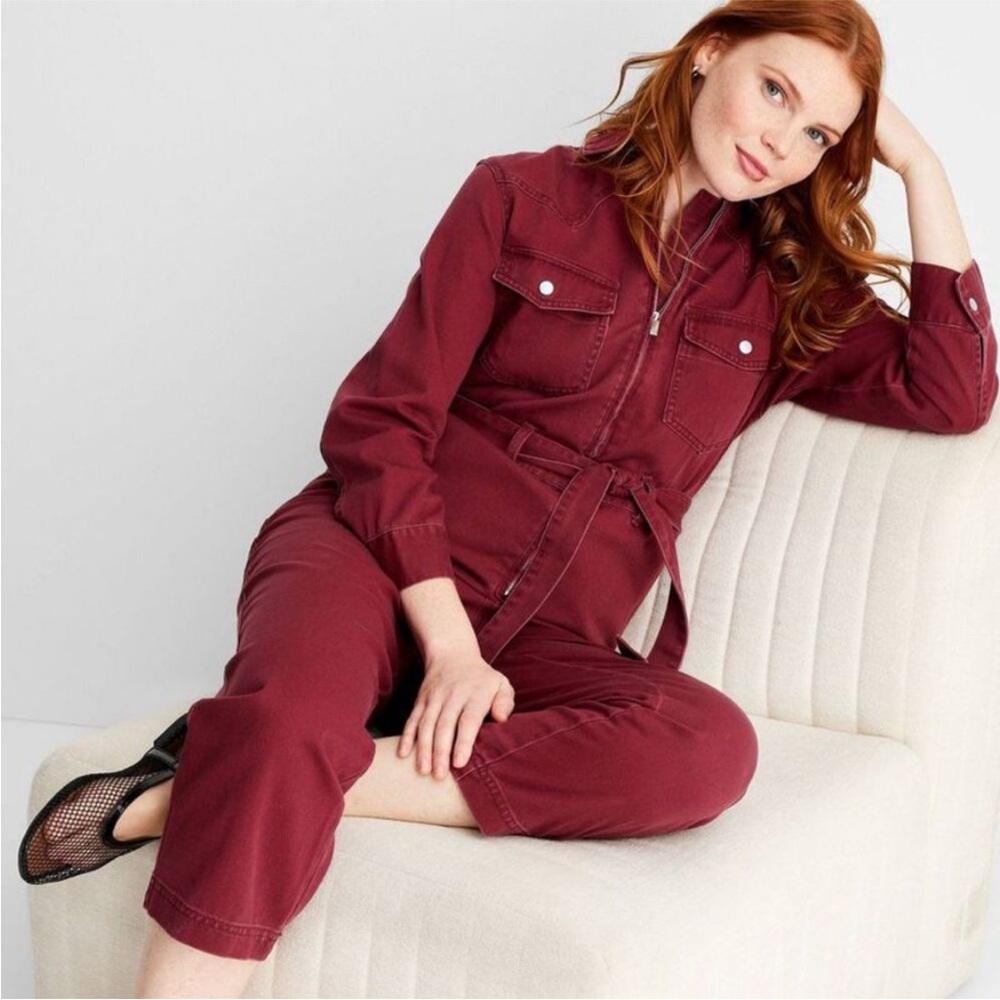 NWT Future Collective Women's Long Sleeve Zipper Jumpsuit Burgundy